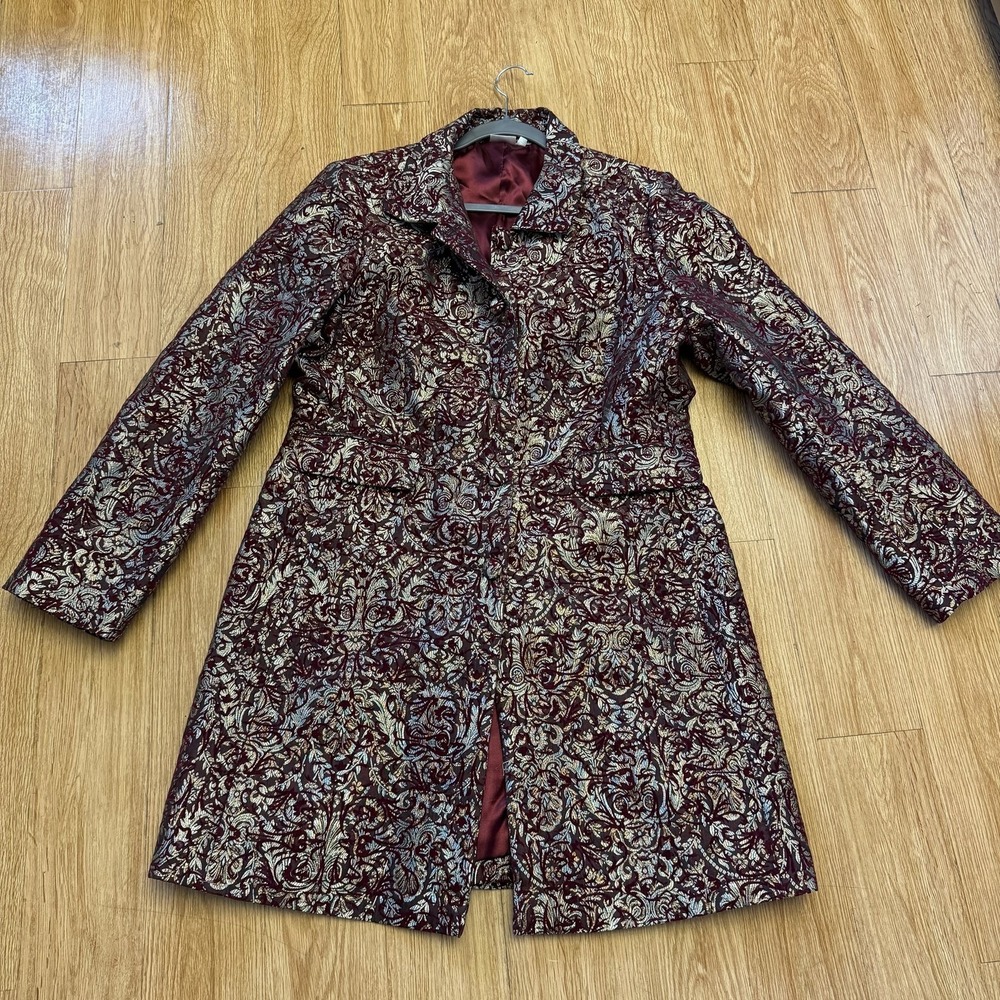 Georgiou Studio Brocade Velvet Patterned Coat Womens 14 Burgundy Gold Floral